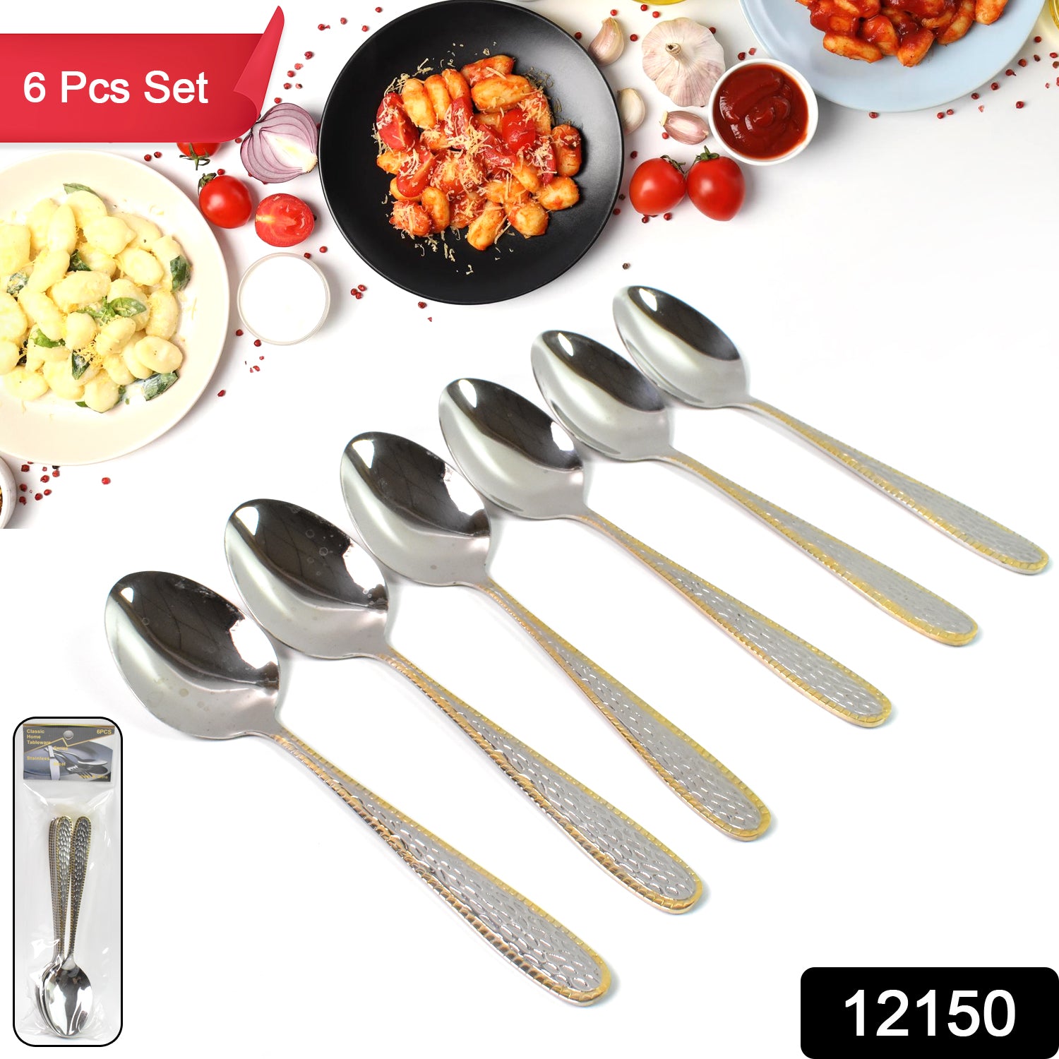 Stainless Steel Gold Bordered Textured Spoons Gold Plated Handle Set Of 6 Pc Stainless Steel Gold Bordered Textured Spoons Gold Plated Handle Set Of 6 Pc